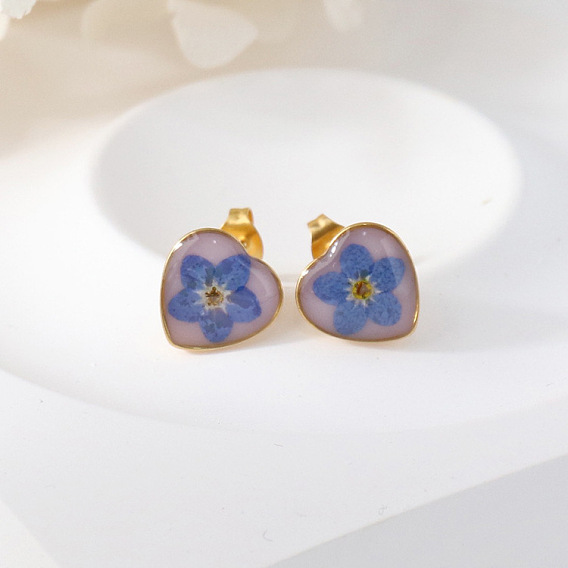 Серьги-гвоздики в форме сердца из эпоксидной смолы, с 304 фурнитурой из нержавеющей стали и сушеными цветами