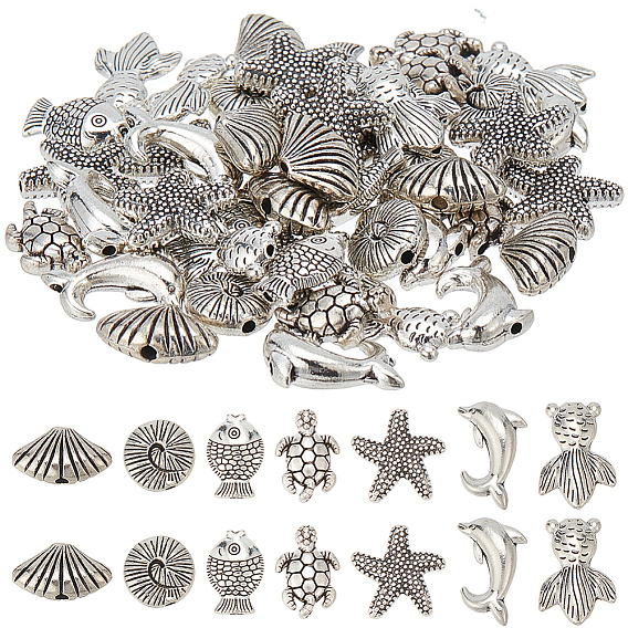 70шт 7 стиль океан тема тибетский стиль сплава бусины наборы, дельфин, черепаха, золотая рыбка, ракушка и морская звезда