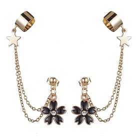 Light Gold 304 Stainless Steel Cuff Earring Chains with Rhinestone, Star & Flower Alloy Enamel Dangle Stud Earrings Crawler Earrings