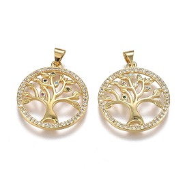 Brass Micro Pave Colorful Cubic Zirconia Pendants, Cadmium Free & Lead Free, Long-Lasting Plated, with Snap on Bails, Flat Round with Tree