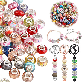 120Pcs Resin European Beads, Large Hole Beads, with Silver Color Plated Brass Cores, Rondelle