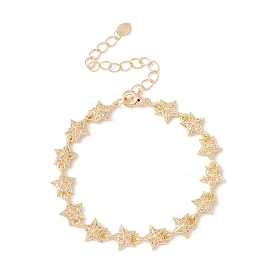 Clear Cubic Zirconia Pentagram Star Link Chains Bracelet, Brass Jewelry for Women, Cadmium Free & Lead Free