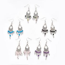 Tibetan Style Alloy Gemstone Chandelier Earrings, with Brass Earring Hooks, 70mm, Pin: 0.6mm