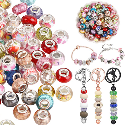 120Pcs Resin European Beads, Large Hole Beads, with Silver Color Plated Brass Cores, Rondelle