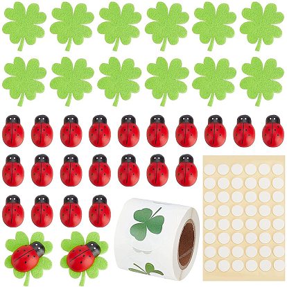 Kit de fabricación de joyería diy, Incluyendo etiquetas autoadhesivas de pvc, cabujones madera mariquita, forma de trébol fieltro decorar prenda, cinta para el hogar