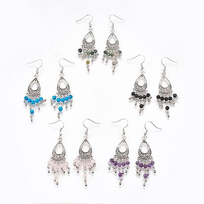 Tibetan Style Alloy Gemstone Chandelier Earrings, with Brass Earring Hooks, 70mm, Pin: 0.6mm