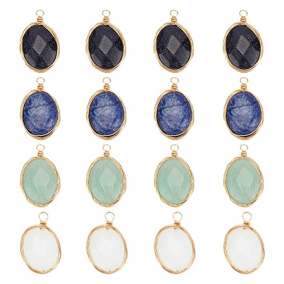 Pendentifs en pierres précieuses mixtes naturels et synthétiques, pendentifs enroulés de fil, avec fil de cuivre écologique plaqué or clair, facette, ovale