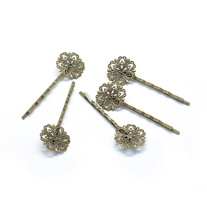 Iron Hair Bobby Pin Findings, with Brass Filigree Flower Cabochon Bezel Settings, Nickel Free