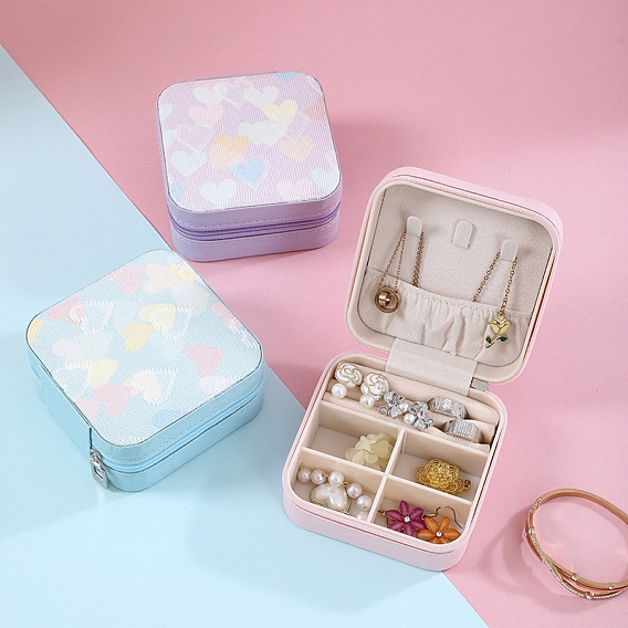 Printed PU Imitation Leather Jewelry Storage Zipper Boxes, for Necklaces Bracelets Earrings Rings, Square