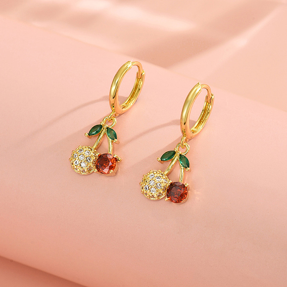 Серьги-кольца с вишней из латуни и кубическим цирконием