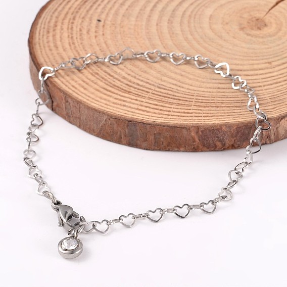 304 Stainless Steel Heart Link Chains Anklets, with Rhinestone Charm, 225mm