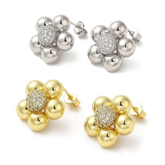 Женские серьги-гвоздики из латуни с микро-паве и цветочной стойкой из кубического циркония, долговечный, без свинца и без кадмия