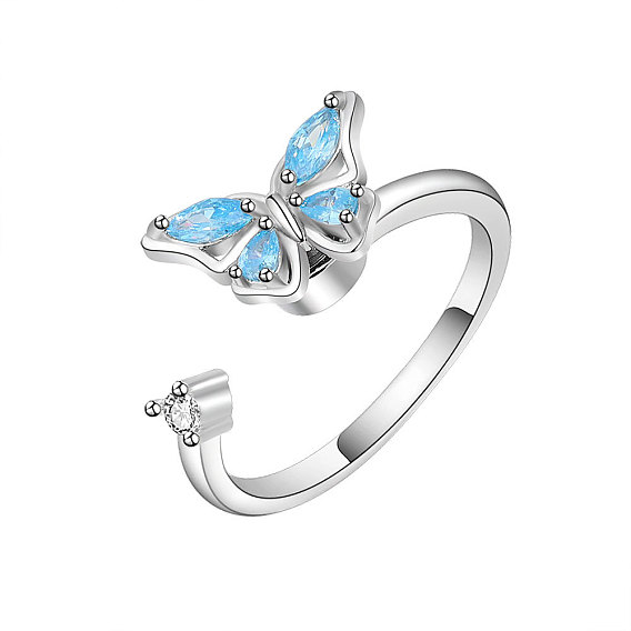 Adjustable Opening Brass Rhinestone Ring, Cuff Rings Rotating Ring, Butterfly for Women