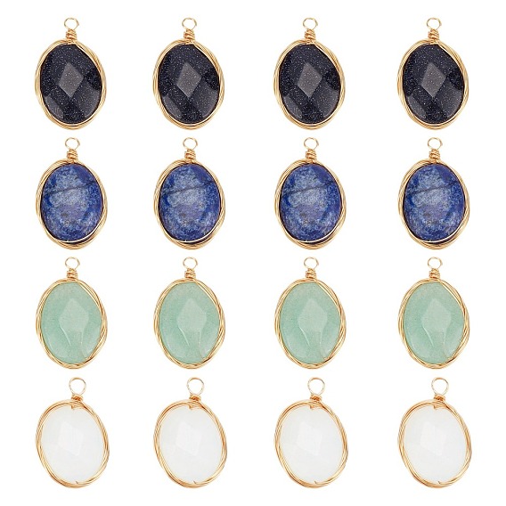 Natural & Synthetic Mixed Gemstone Pendants, Wire Wrapped Pendants, with Light Gold Plated Eco-Friendly Copper Wire, Faceted, Oval