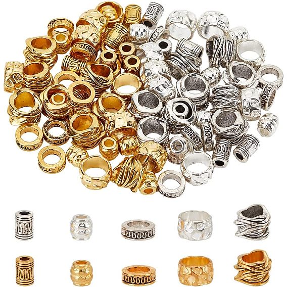 100шт 10 бусины из сплава в тибетском стиле, бусины с большим отверстием, рондель, трубка и бочка