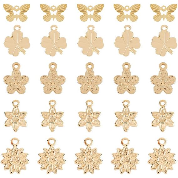 50шт 5 стиль стойка покрытие латунные подвески, долговечный, без кадмия и без свинца, цветок и клевер и бабочка