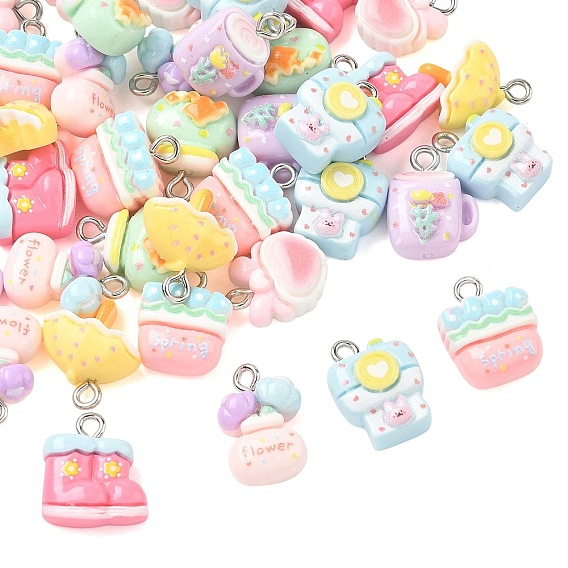 Printed Opaque Resin Pendants, Mixed Shapes Charm, with Platinum Iron Loop