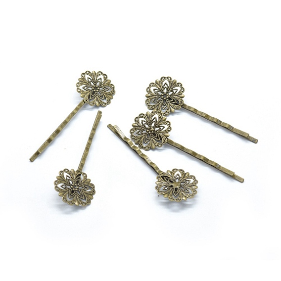 Iron Hair Bobby Pin Findings, with Brass Filigree Flower Cabochon Bezel Settings, Nickel Free