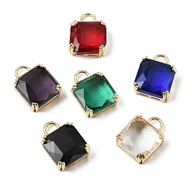 Brass & Glass Pendants, Square Charms, Golden, Faceted