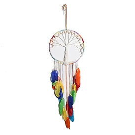 Tree of Life Woven Web/Net with Feather Wall Hanging Decorations, with Iron Ring and Wood Bead, for Home Bedroom Decorations