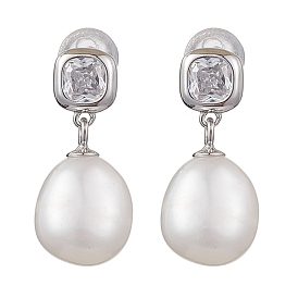 Natural Pearl Ear Studs, with Sterling Silver Micro Pave Clear Cubic Zirconia Findings, Oval