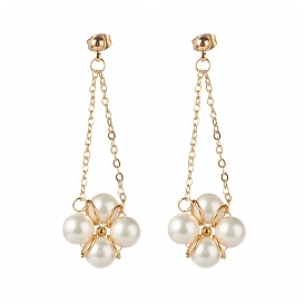 Flower Round Shell Pearl Beads Earrings for Girl Women, Brass Dangle Stud Earrings