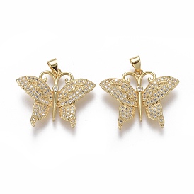 Brass Micro Pave Cubic Zirconia Pendants, Butterfly, Clear