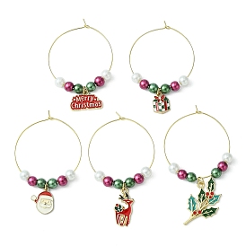 Christmas Theme Plastic Beaded 316 Surgical Stainless Steel Wine Glass Charms, with Alloy Enamel Charms