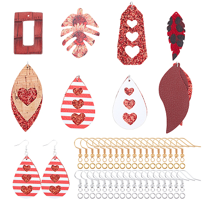 DIY 8 Pairs Red Themed PU Leather Earring Making Kits, Including 8 Styles Big Pendants, Brass Earring Hooks & Jump Rings