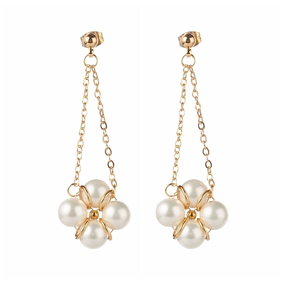 Flower Round Shell Pearl Beads Earrings for Girl Women, Brass Dangle Stud Earrings