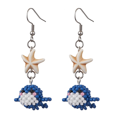 Подвески из стеклянных бусин ручной работы, серьги-подвески, с синтетическими бирюзовых бус, дельфин