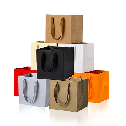 Solid Color Kraft Paper Gift Bags with Ribbon Handles, for Birthday Wedding Christmas Party Shopping Bags, Square