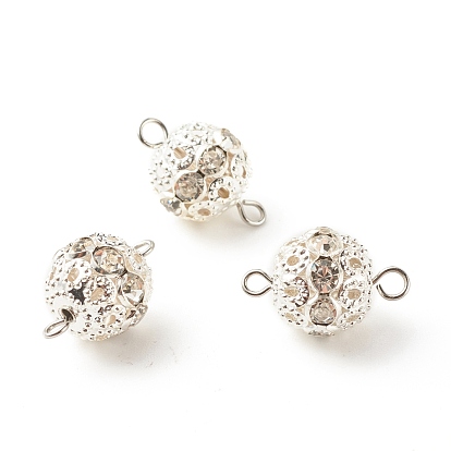Brass Crystal Rhinestone Connector Charms, with 304 Stainless Steel Loops, Round
