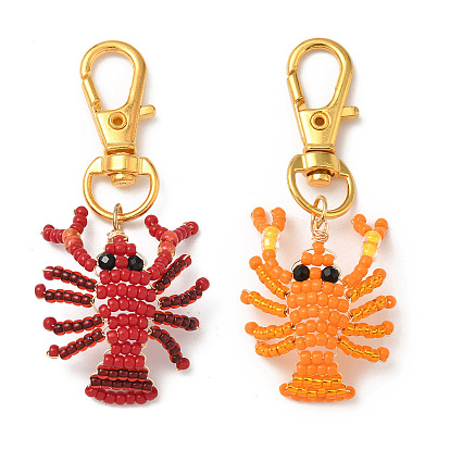 2Pcs Crayfish Glass Seed Beads Pendant Decorations, with Alloy Swivel Lobster Claw Clasps