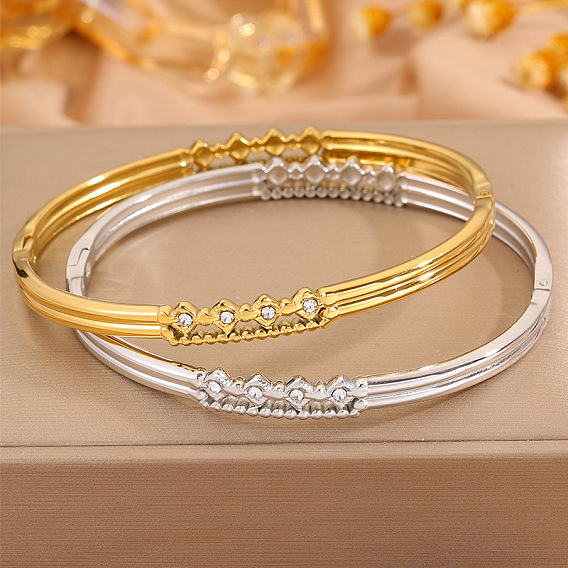304 Stainless Steel Crystal Rhinestone Rhombus Hinged Cuff Bangles for Women