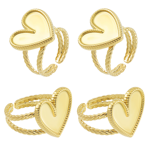 8Pcs 304 Stainless Steel Open Cuff Ring Findings, Ring Setting, Heart
