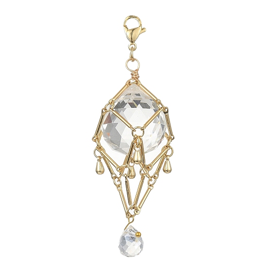 Украшение из латуни, держатель для мешочка, подвеска, с прозрачными стеклянными подвесками-каплями и 304 застежками-карабами из нержавеющей стали