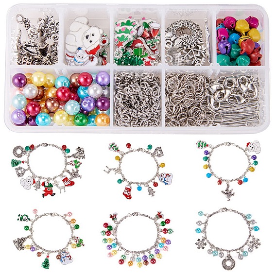 DIY Christmas Bracelet Making, with Alloy Pendants, Acrylic Beads, 304 Stainless Steel Chains, and Brass Lobster Claw Clasps