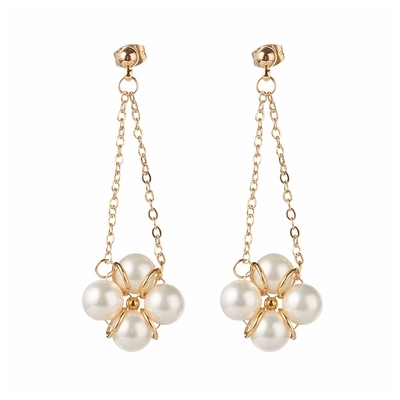 Flower Round Shell Pearl Beads Earrings for Girl Women, Brass Dangle Stud Earrings