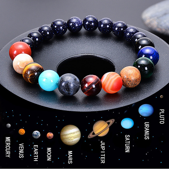 Natural Blue Sandstone Eight Planets Bracelet - Universe Galaxy Solar System Planet Jewelry