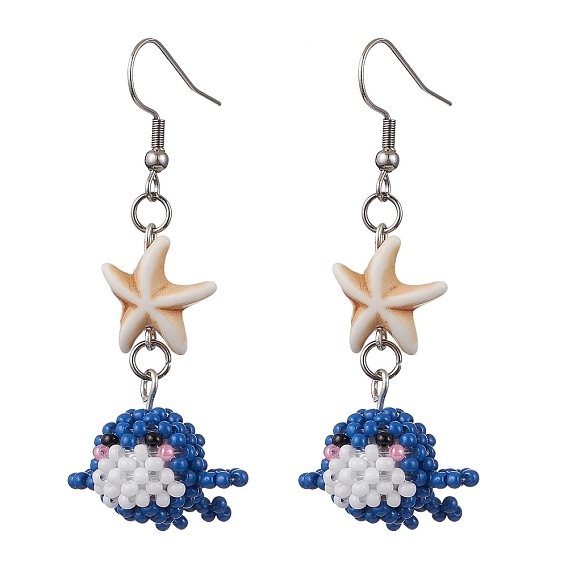 Подвески из стеклянных бусин ручной работы, серьги-подвески, с синтетическими бирюзовых бус, дельфин