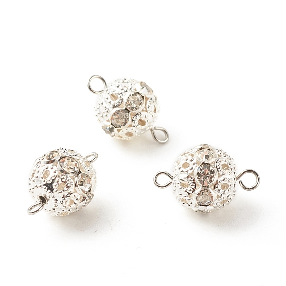 Brass Crystal Rhinestone Connector Charms, with 304 Stainless Steel Loops, Round