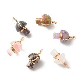 Natural Mixed Gemstone Pendants, with Real 18K Gold Plated Eco-Friendly Copper Wire Wrapped, Mushroom
