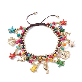 Ocean Animal Theme Braided Anklet, Synthetic Turquoise & Natural Chip Shell & Glass Beads Anklet, Starfish & Finsh & Dolphin Drop Charm Anklet for Women