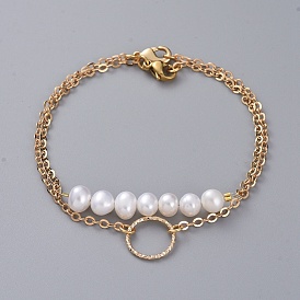 Link Bracelet Sets, Stackable Bracelets, with Natural Pearl, 304 Stainless Steel Lobster Claw Clasps, Brass Linking Rings and Cable Chains