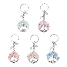 Плоский круглый с древом жизни сплава брелоки, с акриловыми и стеклянными бусинами цветок