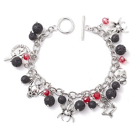 Halloween Natural Lava Rock and Glass Cable Chains Charm Bracelets, with Alloy Spider Skull Skeleton Pendants and Toggle Clasps
