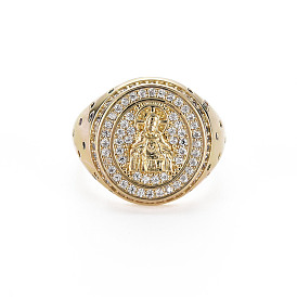 Anneau de manchette rond plat à large bande en zircone cubique transparente, chevalière jésus en laiton pour femme, sans nickel