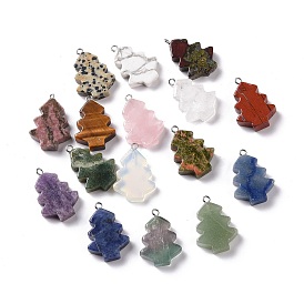 Mixed Gemstone Pendants, Tree Charms, with Stainless Steel Color Tone Stainless Steel Loops