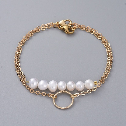 Link Bracelet Sets, Stackable Bracelets, with Natural Pearl, 304 Stainless Steel Lobster Claw Clasps, Brass Linking Rings and Cable Chains